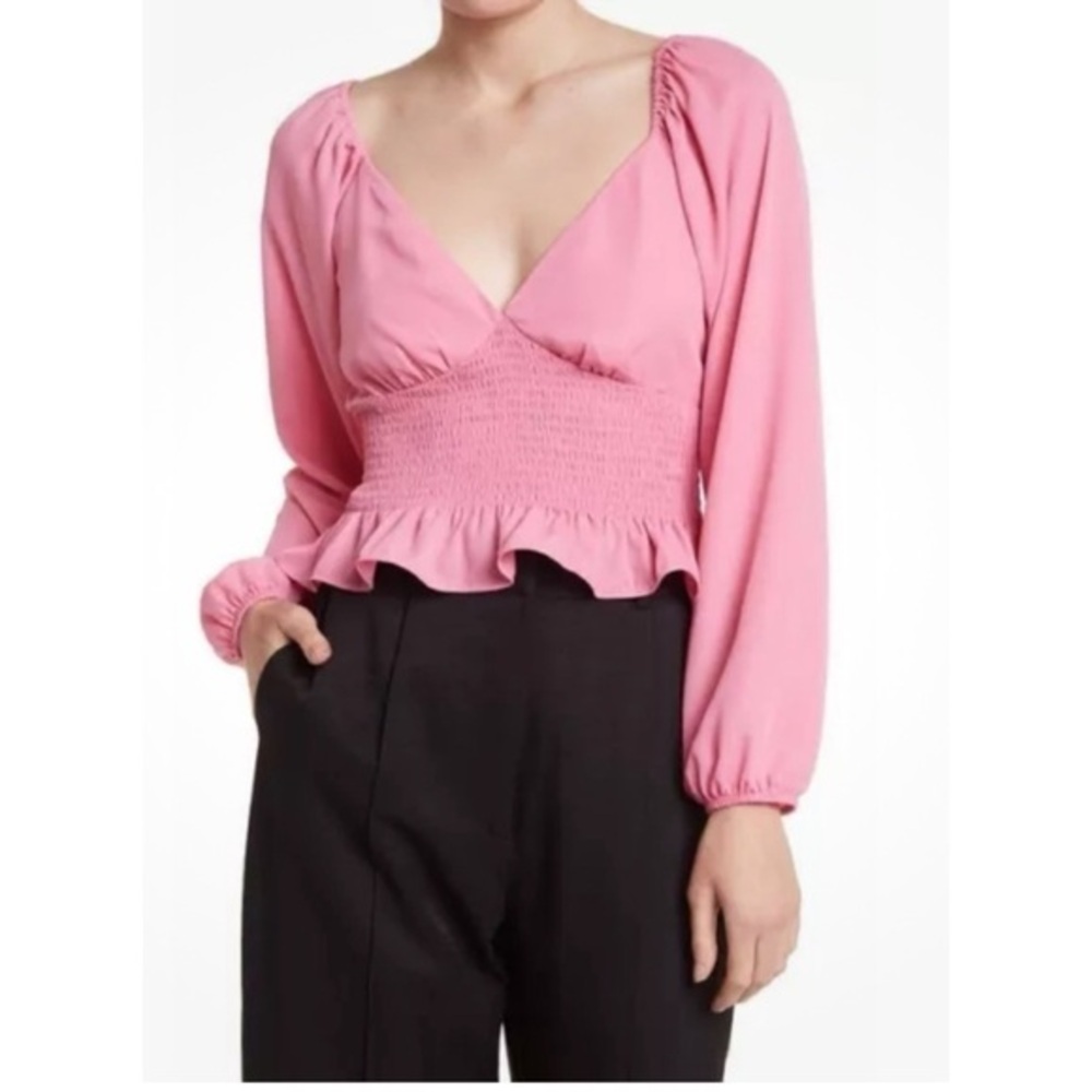 WAYF Dark Pink Smocked Long Sleeve Cropped Top Blouse NWT XL #1022